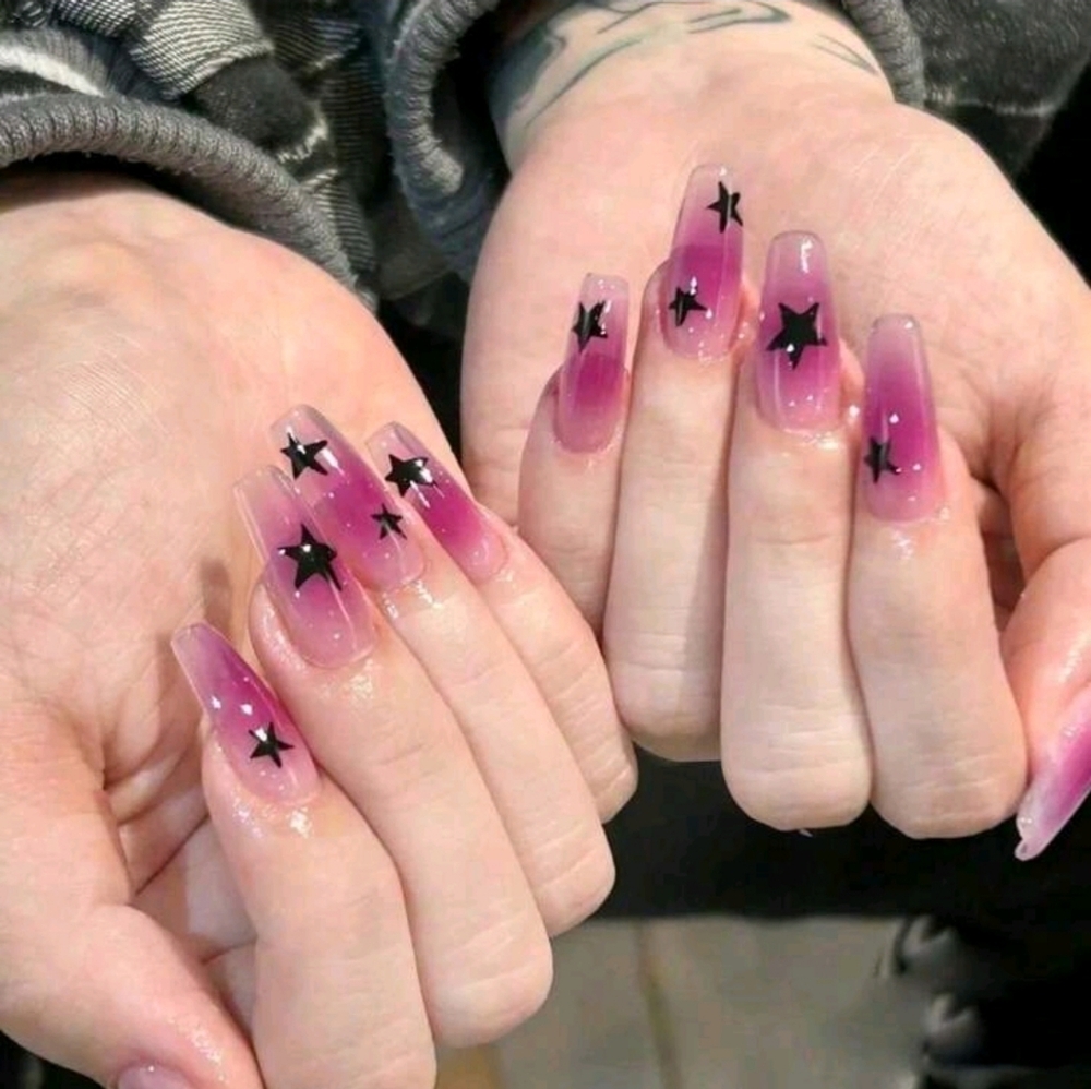 Pink Ombre Acrylic Nails with Black Star Accents